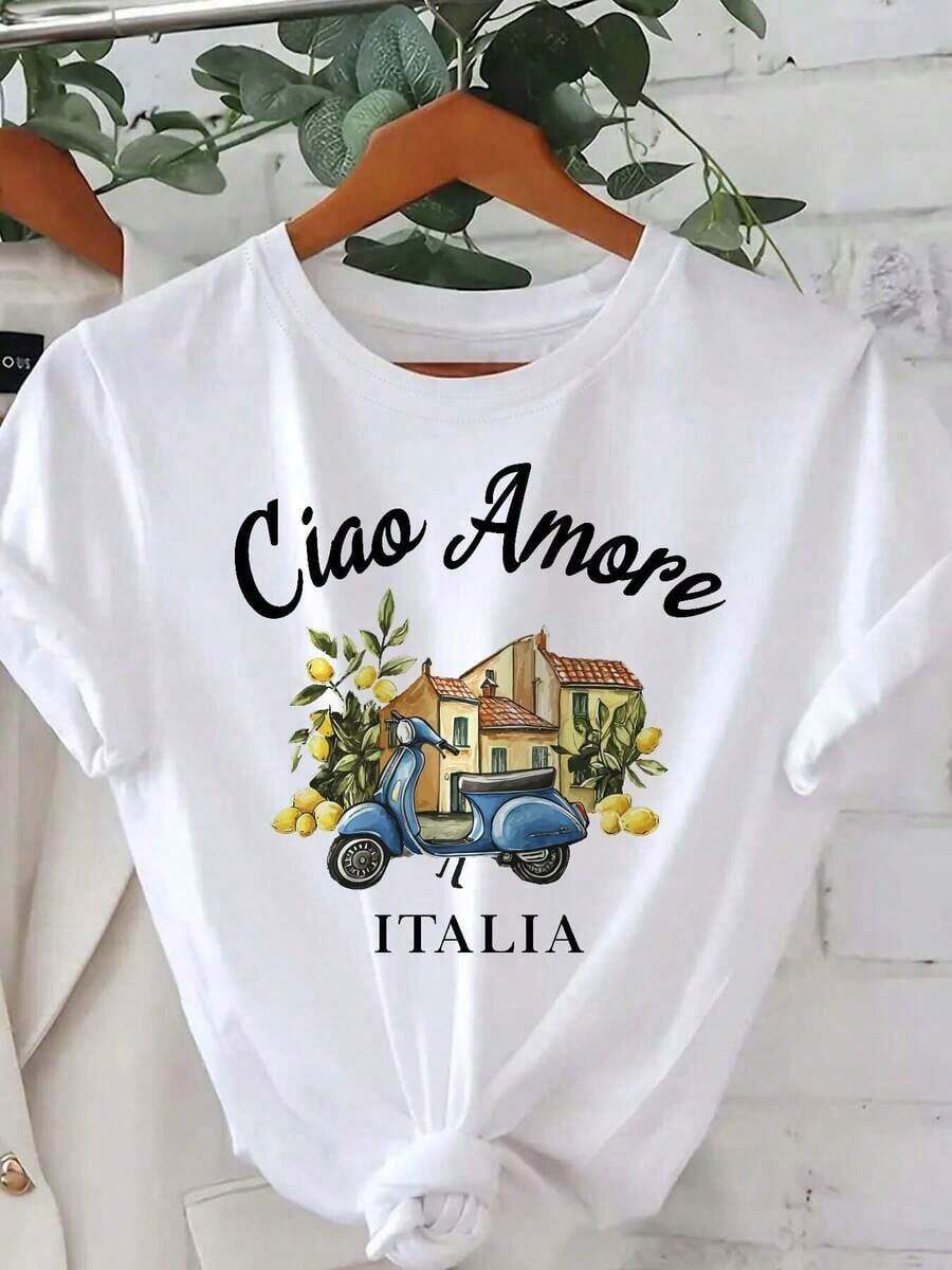 Women's Casual Short-Sleeved T-Shirt, Round Neck, Blue With Yellow And Orange House Print, Scooter Style, Comfortable Fit And Classic Design. - 白色 - 查看 1