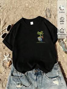 2026 Women's Solid Color Round Neck Short-Sleeved T-Shirt, Super Loose Fit, 100% Cotton, Soft And Comfortable, Everyday Casual, Streetwear, With A Cheerful Floral And Sun Pattern - * - 查看 3