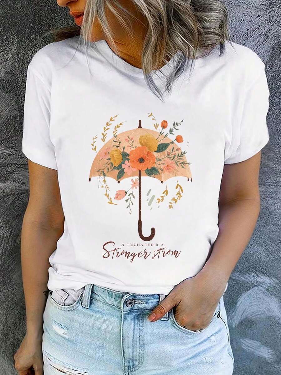Soft, Soft Women's Summer Short Sleeve T-Shirt With "Umbrella And Flower" Print, 100% Cotton, Modern And Casual, Machine Washable, Comfortable Fit, 2D Flat Print, Women's Blouses - 白色3 - 查看 1