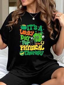Women's 100% Cotton St. Patrick's Day T-Shirts, It's A Lucky Day For Physical Therapy, Women's T-Shirts And Tops - Everyday Wear T-Shirts - 黑色 - 查看 7