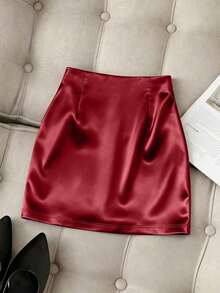 Falda asimétrica de satén de moda, cintura alta para primavera/verano, estilizante, ajustado, sexy, falda midi elegante para mujer, atuendo para la temporada de graduación, ropa casual de moda para ir al trabajo, ropa de oficina profesional, uso - Burdeos - Ver 2