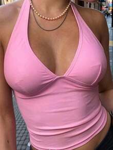 Moderno top sólido con diseño calado, cuello halter y escote en V para mujer - Rosa - Ver 7