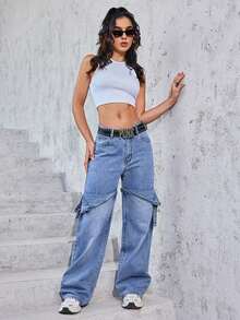 Jeans anchos y holgados para mujer con diseño plegado y bolsillos - Azul - Ver 6