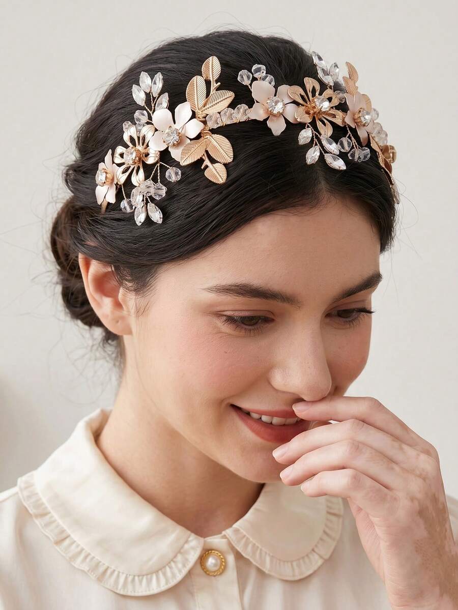 1件金色花葉水晶新娘髮箍，水鑽鑲嵌婚禮髮圈，優雅女性髮飾，婚禮花卉水晶髮箍，金色葉花新娘髮圈，浪漫新娘髮飾