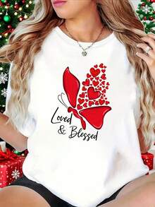 Plus Size T-Shirt, Valentine's Day T-Shirt, Loved And Blessed T-Shirt With Red Butterfly Print, White Crew Neck Short Sleeve Printed T-Shirt - Machine Washable, For Holiday Parties, Casual Outings, Get-Togethers With Friends, Outfit - 白色 - 查看 7