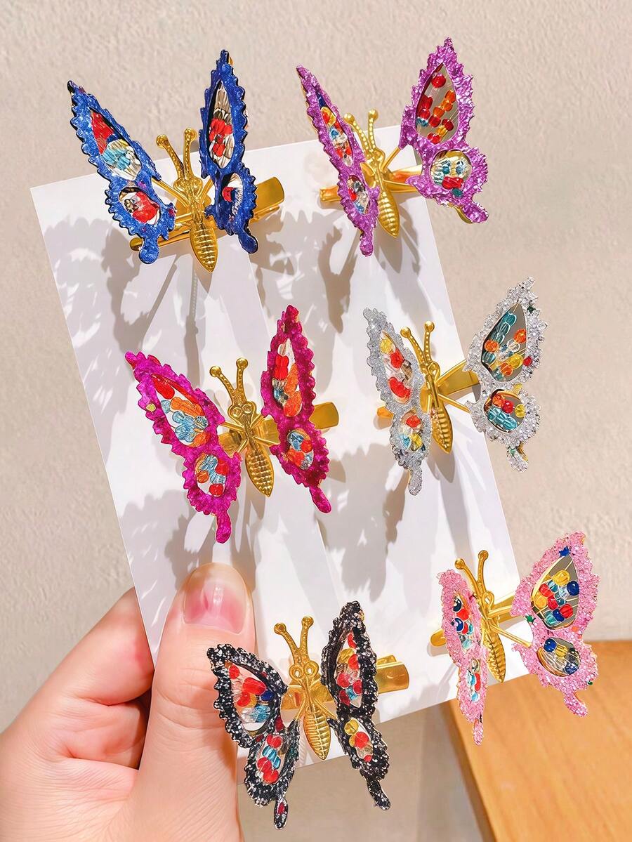 6件組彩色亮片蝴蝶髮夾，鏤空3D蝴蝶側夾，多色可選 - 適合女孩與女性，精緻3D蝴蝶設計搭配亮片亮粉，每對看起來像活潑的蝴蝶仙女，可搭配不同服裝與場合，適合約會、派對、校園生活、度假等，日常通勤，隨機顏色，髮夾，抓夾 - 彩色 - 查看 1