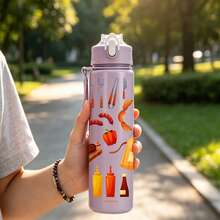 1pc 750ml/26oz 3D Printed Barbecue Pattern Sports Straw Water Bottle, 5 Color Options, With Handle Strap For Easy Carrying, Compact Durable Lightweight, Suitable For Outdoor Camping, Sports, Travel, School, Office, Birthday Gift - Multicolor - View 8