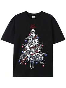 Men's Christmas Tree And Skeleton Graphic T-Shirt | Breathable Pure Cotton | Comfortable And Sweat-Wicking Crew Neck T-Shirt | Casual Style For All Seasons, Men's Activewear | Bold Festive Clothing | Comfortable Fit, Christmas T-Shirts - 黑色 - 查看 8