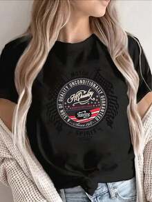 Women's Short-Sleeved T-Shirt, Black Round Neck Design, Vintage Pattern Print, Suitable For Casual Daily Wear, Comfortable Fit, Perfect For Urban Style Or Casual Outfits, Soft Texture, Easy Care, Made Of Pure Cotton 2026-Cozy Summer Essential & Casual Chic - 黑色 - 查看 8
