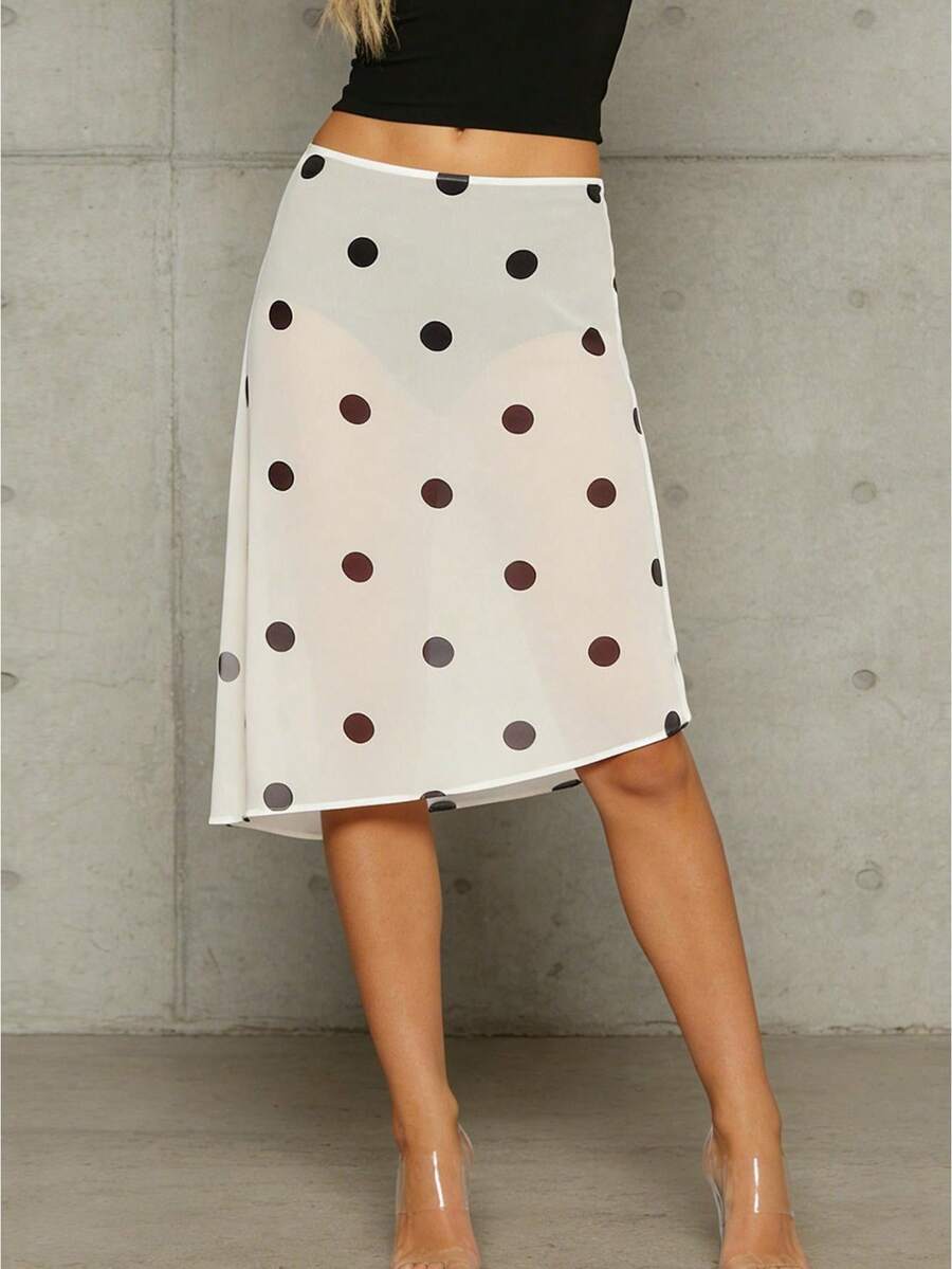 Women's Summer Sheer Chiffon Skirt Dot Print Asymmetrical Hem Midi Skirt for Travel, Beach, Shopping - Blanco - Ver 1