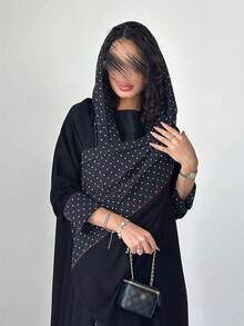 Hafizah 黑色波點拼接長版開襟外套，紅色飾邊點綴，垂墜修身優雅女款長袍，秋季穿搭 - 黑色 - 查看 6