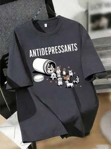 Short-Sleeved T-Shirt With A Round Neck And A Cute Dog Print Featuring "Anti-Depressants". This New, Loose-Fitting, Versatile, Minimalist-Style T-Shirt With A Round Neck And A Cute Print Is Suitable For Everyday Wear And Holidays. - 深灰色 - 查看 5