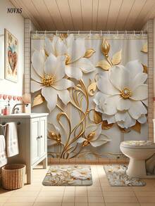 1/3/4pcs Gold Floral Print Shower Curtain Set, Minimalist Pattern, Washable Polyester Fabric, Waterproof Durable Bathroom Accessories, Includes 12 Hooks - Includes Toilet Lid Cover, Bath Mat And Rug, Home/Bedroom/Living Room/Home Decor/Summer - A - View 2