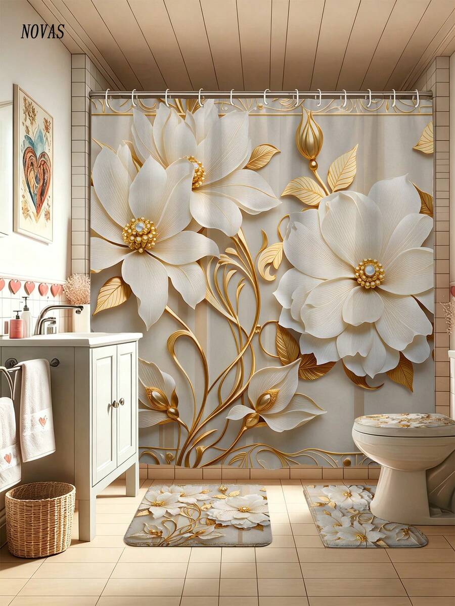1/3/4pcs Gold Floral Print Shower Curtain Set, Minimalist Pattern, Washable Polyester Fabric, Waterproof Durable Bathroom Accessories, Includes 12 Hooks - Includes Toilet Lid Cover, Bath Mat And Rug, Home/Bedroom/Living Room/Home Decor/Summer