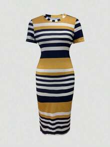 Vestido ajustado casual de mujer con bloques de color y rayas, elegante para el verano - Amarillo - Ver 3