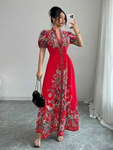 Elenzya Vestido elegante de línea A con estampado digital de retazos, cuello en V profundo y cintura ceñida, color albaricoque, adecuado para cenas formales, citas y bodas de mujeres (con flor en posición) - Rojo 2 - Ver 11
