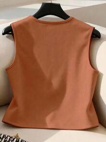 Chaqueta casual de mujer con flecos de gamuza, decoración de remaches, estilo bohemio, versátil para uso diario, vacaciones, trabajo, estilo francés elegante, sin mangas, beige, para principios de primavera/primavera y verano - Óxido marrón - Ver 2