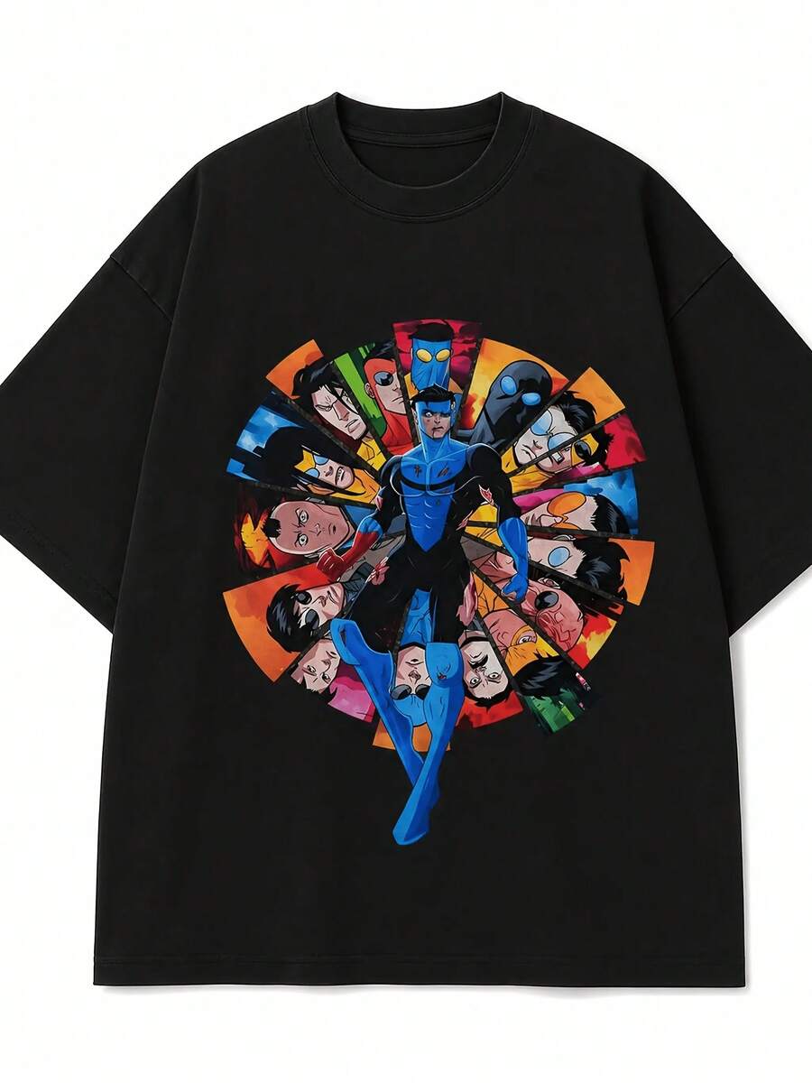 Superhero Graphic T-Shirt - Anime Character Print In Blue And Multicolor, Lightweight, Breathable, Crew Neck, Short Sleeve, Machine Washable, Casual T-Shirt For All Seasons. A Short-Sleeved T-Shirt Suitable For Home, Everyday Wear, Parties, And Travel-Perfect As A Gift For Friends Or Family. - 黑色 - 查看 1