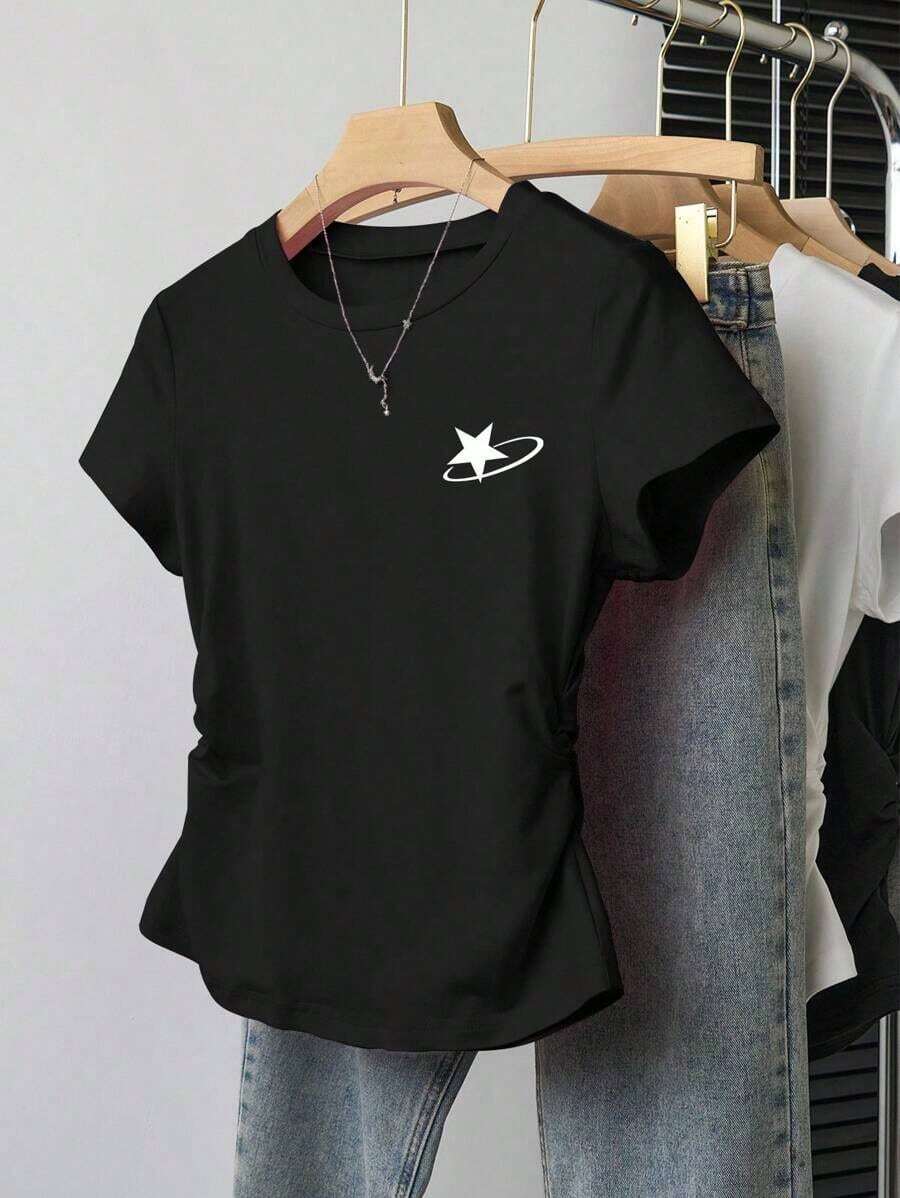 Camiseta casual de mujer para deportes al aire libre, nueva llegada de verano, adecuada para citas, vuelta al colegio, con estampado de rayas y flores, corte regular - Negro 2 - Ver 1