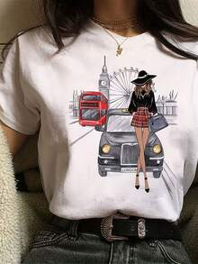 A Casual Women's T-Shirt With A Print, Round Neck, Short Sleeves, Loose Fit, Made Of Fabric, Suitable For Year-Round Wear. - 白色 - 查看 1