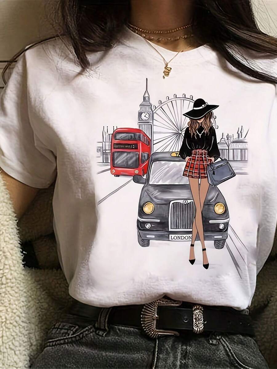 A Casual Women's T-Shirt With A Print, Round Neck, Short Sleeves, Loose Fit, Made Of Fabric, Suitable For Year-Round Wear. - 白色 - 查看 1