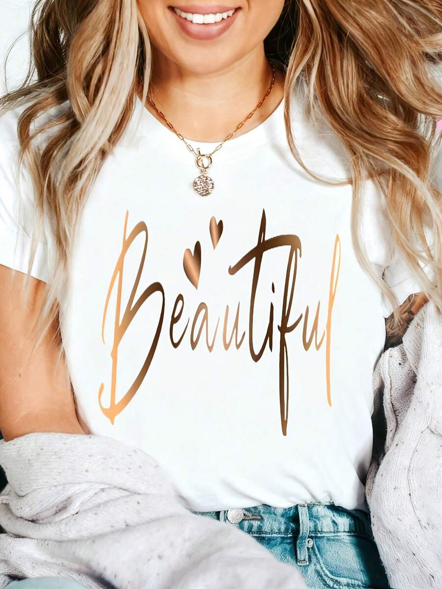 Beautiful Heart Graphic T-Shirt, 100% Cotton Oversized Soft Breathable Casual Crewneck Short Sleeve Top, Romantic Aesthetic Summer Vibes Tee for Women & Self-Love Lovers