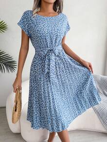 Vestido largo plisado de manga corta para mujer, de cintura alta vestido elegante, moda Floral, línea A, primavera y verano - Amarillo - Ver 6