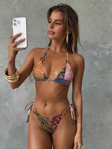 Conjunto de bikini con estampado de teñido anudado para mujer, traje de baño de mujer con decoración de concha iridiscente sexy para fiestas y festivales de música, atuendo de playa de vacaciones para mujer - Multicolor - Ver 3