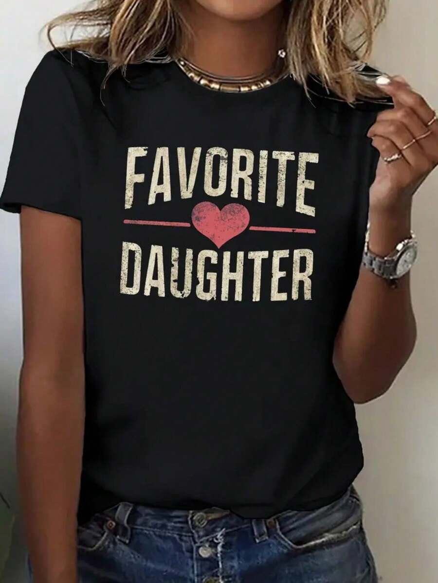 Plus Size Women's T-Shirt, 100% Women's T-Shirt - Loose Fit Sporty "Favorite Daughter" Heart Pattern, 180G/M2 Breathable Fabric, Machine Washable, Essential For Spring, Summer And Autumn, Short Sleeve T-Shirt For Summer. - 黑色 - 查看 1