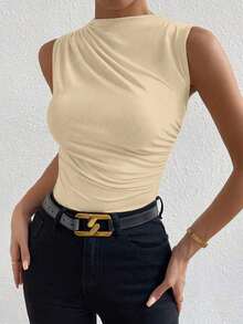 Blusa casual versátil con cuello alto y plisados para mujer - Albaricoque - Ver 5