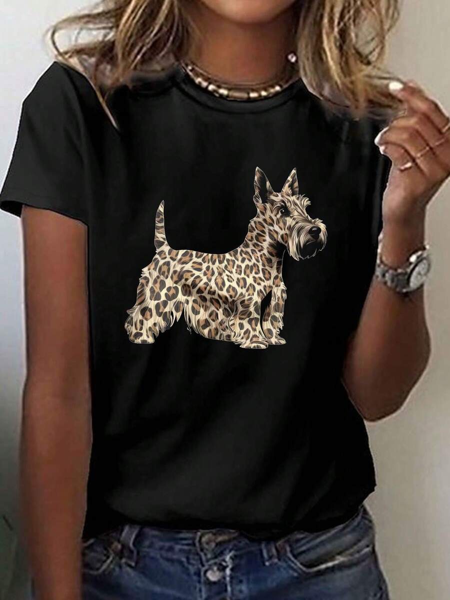 Women's Casual T-Shirt With Scottish Terrier And Leopard Print - Short Sleeve Crew Neck T-Shirt, Breathable Medium Stretch Fabric, Machine Washable, Regular Fit For Summer And Spring, Dog Lover T-Shirts, Fun Design, Comfortable Fit, 100% Cotton, Durable - 黑色 - 查看 1