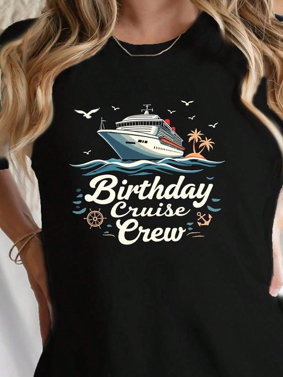 1 pieza, camiseta de manga corta de algodón puro clásica y versátil, ideal para usar en cualquier estación, con estampado de barco de crucero para cumplea?os femenino, estilo moderno - Negro - Ver 1