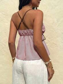 Cárdigan corto con cordones y encaje a rayas, atuendo de vacaciones de verano, atuendo de primavera para mujer, estilo de carnaval de mujeres 2026, ropa de playa para mujer - Rojo - Ver 2