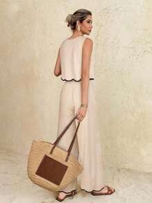 Conjunto de 2 piezas de top de tirantes y pantalones de moda casual de vacaciones para mujer - Albaricoque - Ver 2