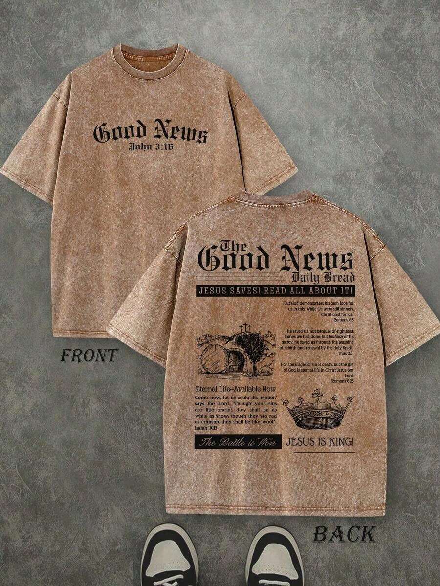 Camiseta Retro Lavada con Estampado a Doble Cara (Camiseta de 230 g de Algodón Puro) 'La Buena Noticia, ¡JESÚS ES REY! 'Camiseta de hombre con estampado de letras y corona, casual, cómoda, a la moda, estilo urbano, de algodón (estilo retro, unisex) - Café integral - Ver 1