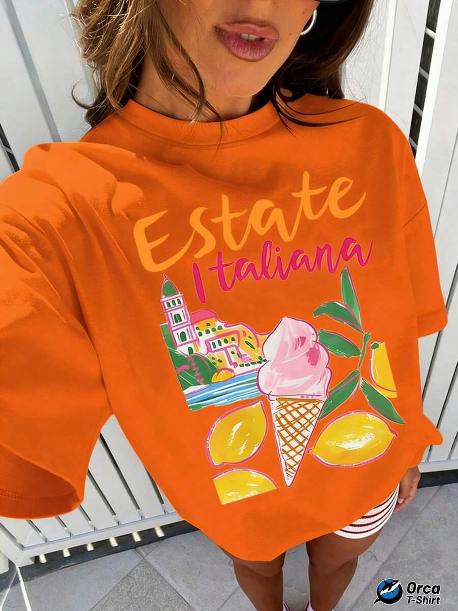 Regular Fit T-Shirt With "Estate Italiana" Print Of Italian Summer Lemon Ice Cream, 100% Cotton, 180 Grams, Orca Brand, Suitable For Casual Wear, Outdoor Activities, Sports, Holidays, Gifts And Other Occasions. - 橘色 - 查看 1