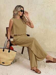 Frenchy Conjunto casual de 2 piezas de top con cuello redondo y espalda retorcida, y pantalones de pierna ancha de unicolor para mujer - Caqui - Ver 5
