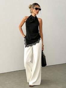 halter de seda negra con delicado ribete de encaje, diseño de escote en V, elegante top de tirantes para damas, sexy y elegante para uso diario - Negro - Ver 6
