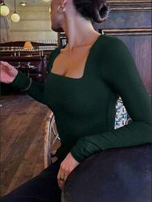 Elegante camiseta básica minimalista vintage casual de uso diario, reversible, de punto con cuello redondo y manga larga para mujer, color negro, para primavera - Verde Oscuro - Ver 3