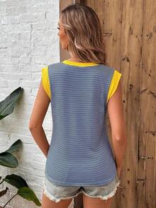 Camiseta casual de mujer con bloques de color y rayas, de verano - Azul - Ver 2