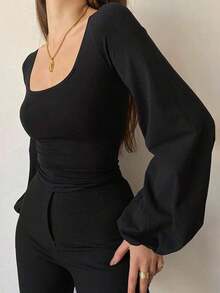 Camiseta Casual de Mujer de Color Sólido con Mangas Tipo Linterna, Blusa Negra de Manga Larga para Otoño - Negro - Ver 3