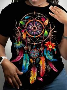 Women's 002 Bohemian Style Shirt, Heat Transfer Feather Design T-Shirt, Mysterious Watercolor Blouse. Black Shirt With A Stunning Colorful Dream Net Design Featuring Feathers And Flowers, Ideal For Standing Out On Any Occasion. - 黑色 - 查看 1