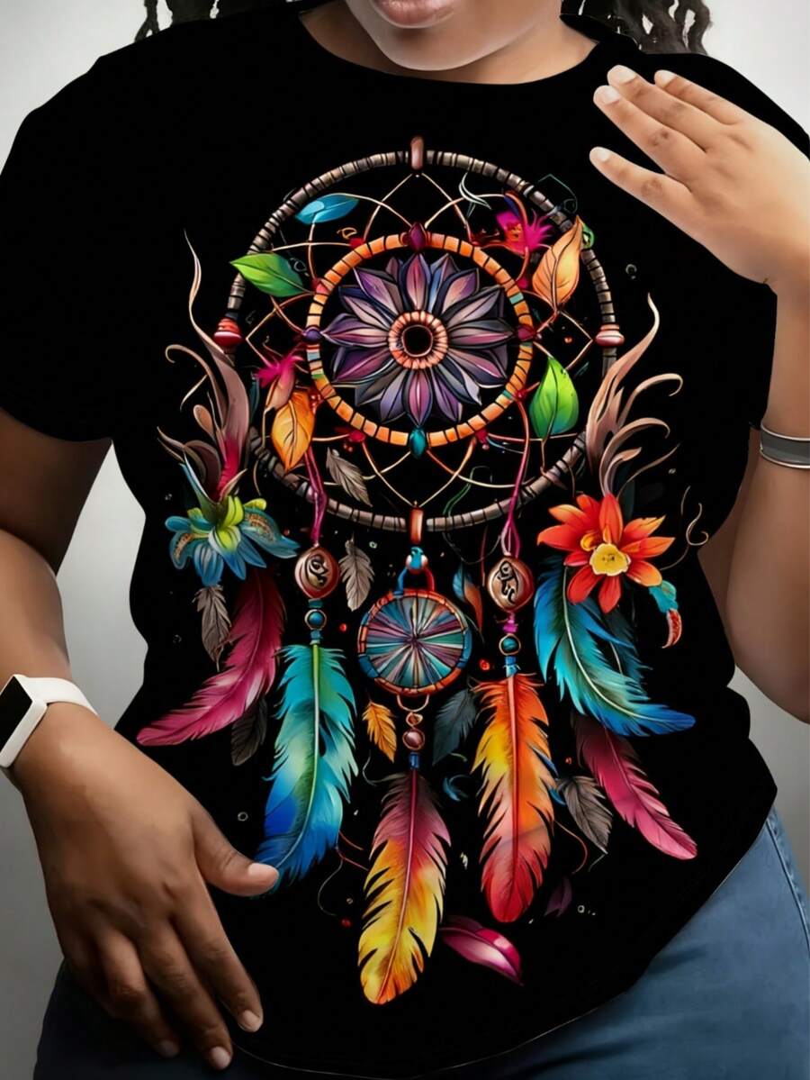 Women's 002 Bohemian Style Shirt, Heat Transfer Feather Design T-Shirt, Mysterious Watercolor Blouse. Black Shirt With A Stunning Colorful Dream Net Design Featuring Feathers And Flowers, Ideal For Standing Out On Any Occasion. - 黑色 - 查看 1