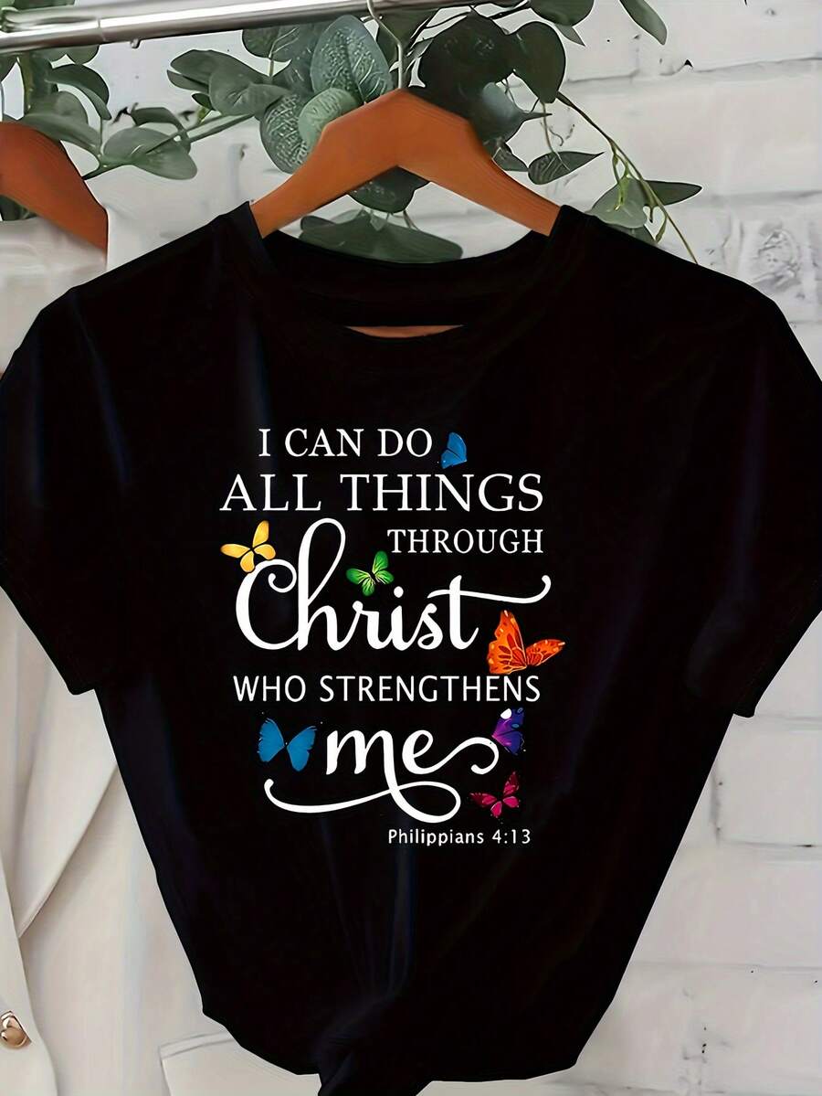 Camiseta de Mujer con Estampado de Letras de Dibujos Animados, Estilo Casual Holgado - Negro - Ver 1