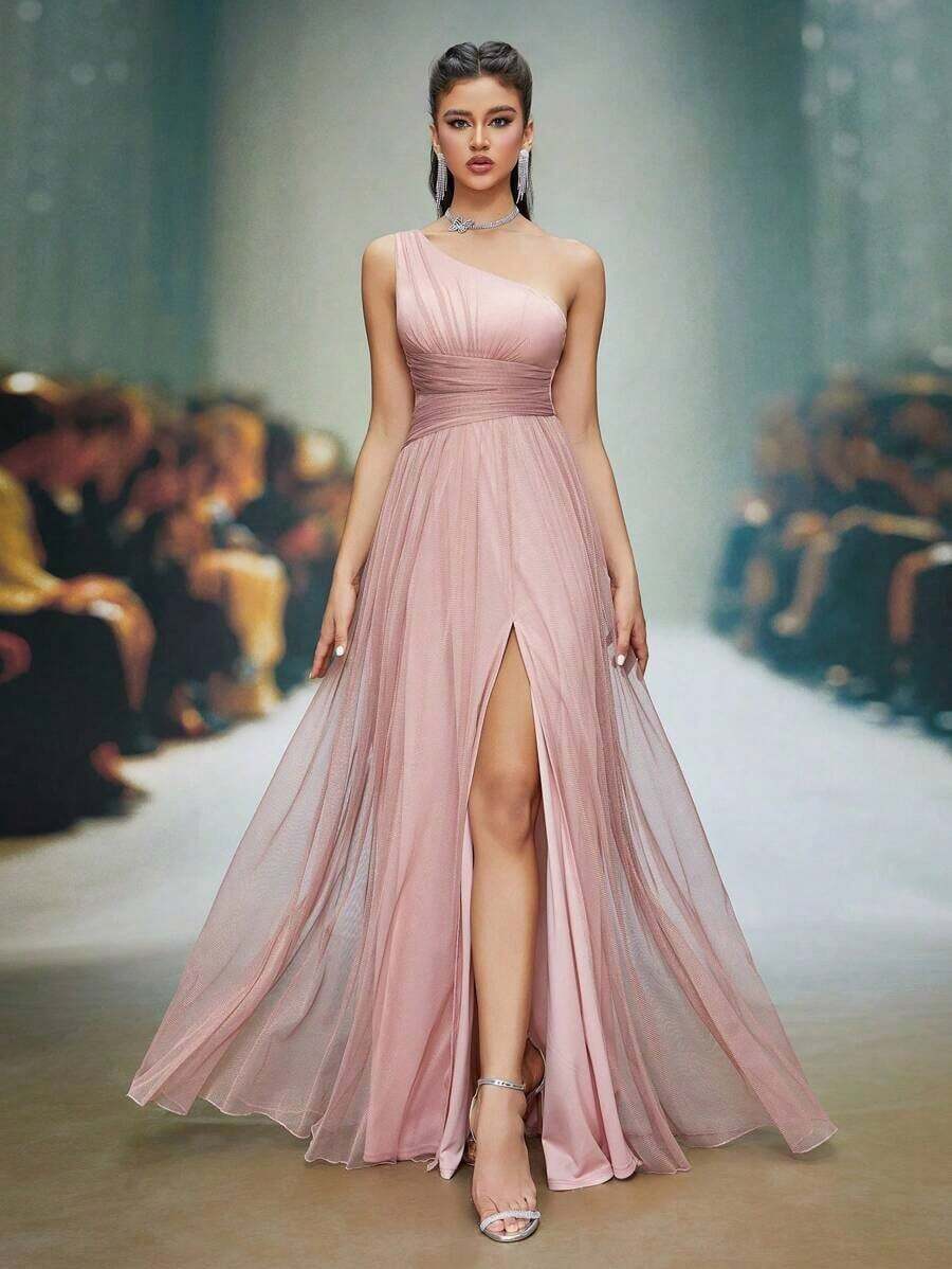 Vestido de malla con un hombro asimétrico, pecho fruncido, recorte hueco y abertura alta en A, vestido de dama de honor para boda, color rosa, primavera - Rosa - Ver 1