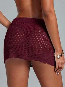 Swim Lushoire Falda pareo con dobladillo ondulado para la playa, con patrón geométrico perforado y floral - Burdeos - Ver 2