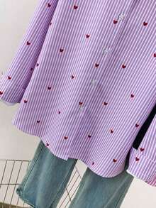 Blusa de mujer con cuello polo, estampado de corazones y rayas - Camisa casual de manga larga con botones, adecuada para uso diario en primavera, verano y otoño - Rayas moradas - Ver 6