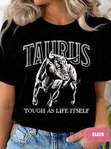 Women's Short-Sleeved T-Shirt With A Round Neck And Taurus Bull Graphic Print, Ideal For Casual Wear And Zodiac Lovers, Perfect As A Birthday And Holiday Gift, Made Of Comfortable Fabric And Suitable For Gifting, 220g - 黑色 - 查看 1