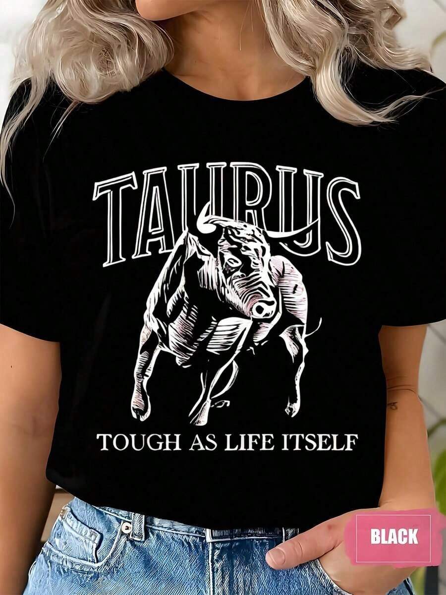 Women's Short-Sleeved T-Shirt With A Round Neck And Taurus Bull Graphic Print, Ideal For Casual Wear And Zodiac Lovers, Perfect As A Birthday And Holiday Gift, Made Of Comfortable Fabric And Suitable For Gifting, 220g - 黑色 - 查看 1