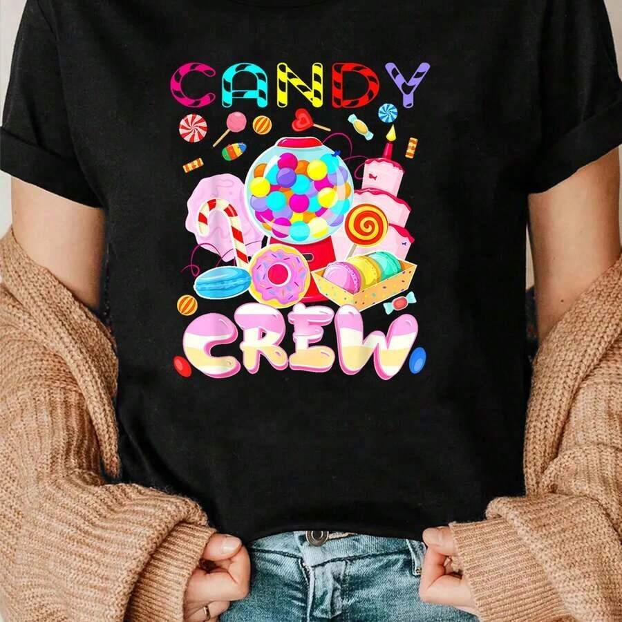 100% Cotton Printed Crew Neck T-Shirt, Casual Sports Top For Everyday Wear, Women's Dress - 黑色 - 查看 1